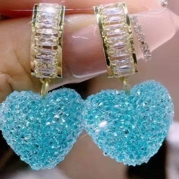 None Jewelry - Blue Spun Crystal Heart Drop Stud Earrings